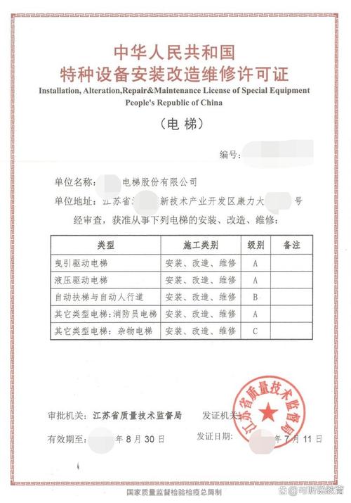 《中华人民共和国特种设备安装改造维修许可证》(电梯)A、B、C级资质...